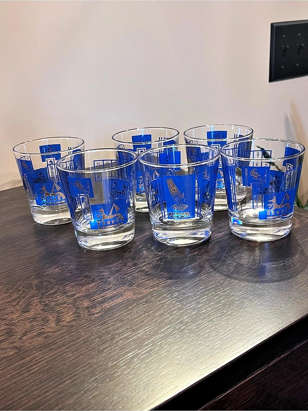 Vintage MCM Blue & Gold Egyptian Revival Hieroglyphs Lowball Glasses Set of 6